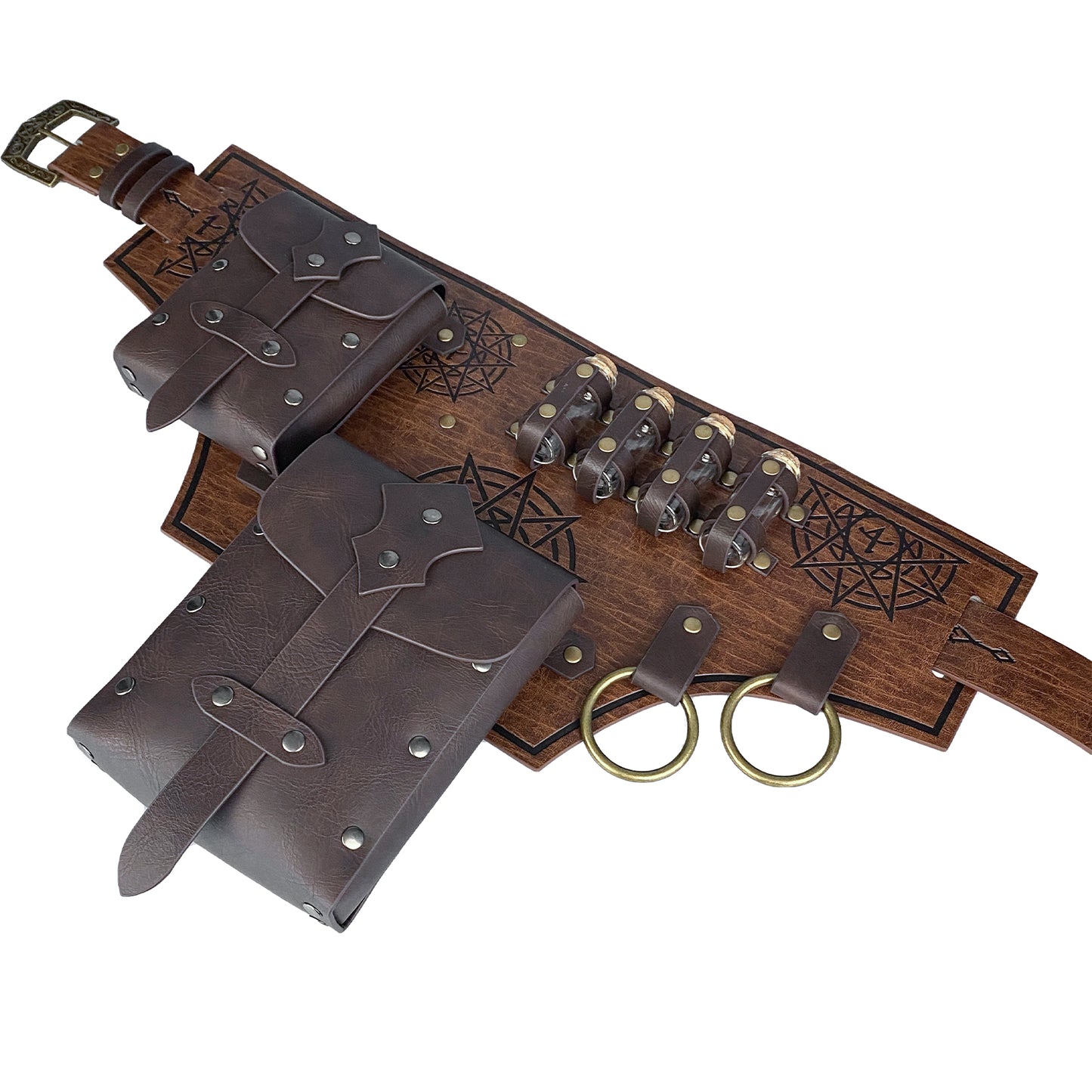 HiiFeuer 4 PCs Medieval Alchemy Belt Costume, Fantasy Faux Leather Wizard Potion Holder Belt with 4 Cork Vials and Belt Bag