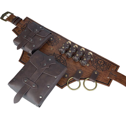 HiiFeuer 4 PCs Medieval Alchemy Belt Costume, Fantasy Faux Leather Wizard Potion Holder Belt with 4 Cork Vials and Belt Bag