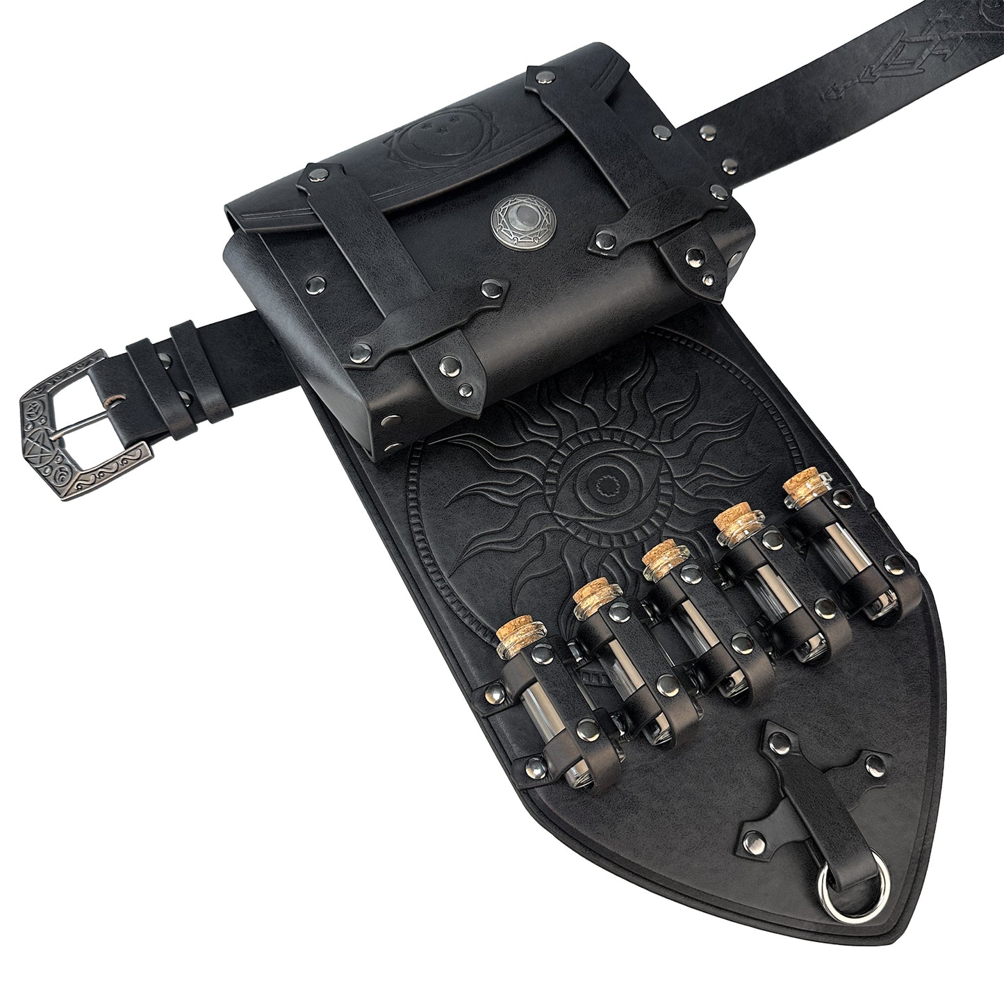 HiiFeuer 3PCs Medieval Alchemy Faux Leather Belt Bag Set with 5 Cork Potion Vials, Fantasy Embossed Wizard Belt