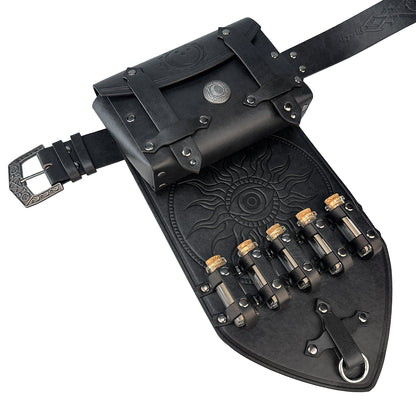 HiiFeuer 3PCs Medieval Alchemy Faux Leather Belt Bag Set with 5 Cork Potion Vials, Fantasy Embossed Wizard Belt