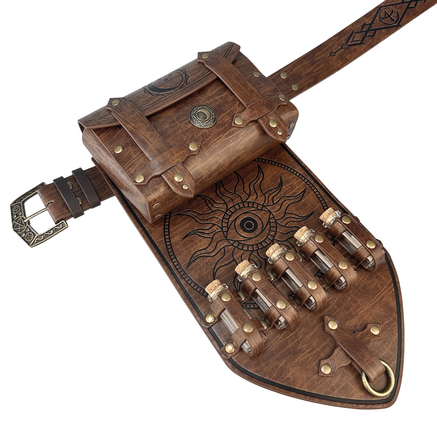 HiiFeuer 3PCs Medieval Alchemy Faux Leather Belt Bag Set with 5 Cork Potion Vials, Fantasy Embossed Wizard Belt