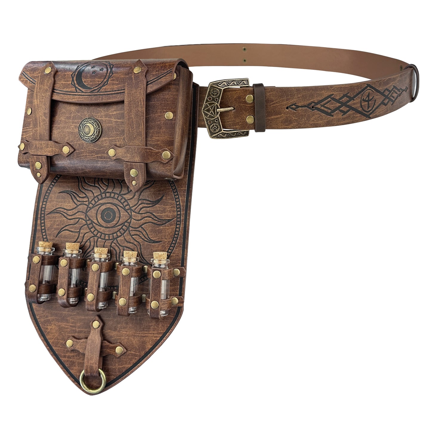 HiiFeuer 3PCs Medieval Alchemy Faux Leather Belt Bag Set with 5 Cork Potion Vials, Fantasy Embossed Wizard Belt