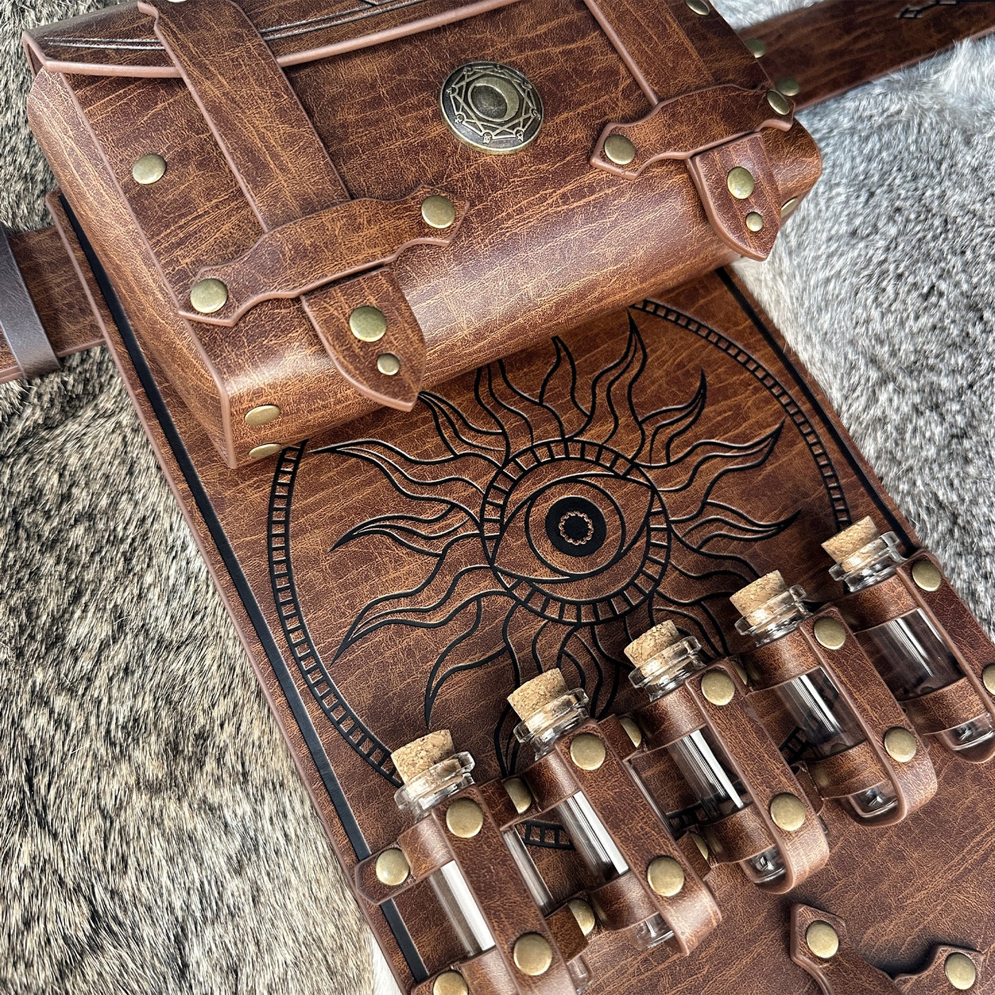 HiiFeuer 3PCs Medieval Alchemy Faux Leather Belt Bag Set with 5 Cork Potion Vials, Fantasy Embossed Wizard Belt