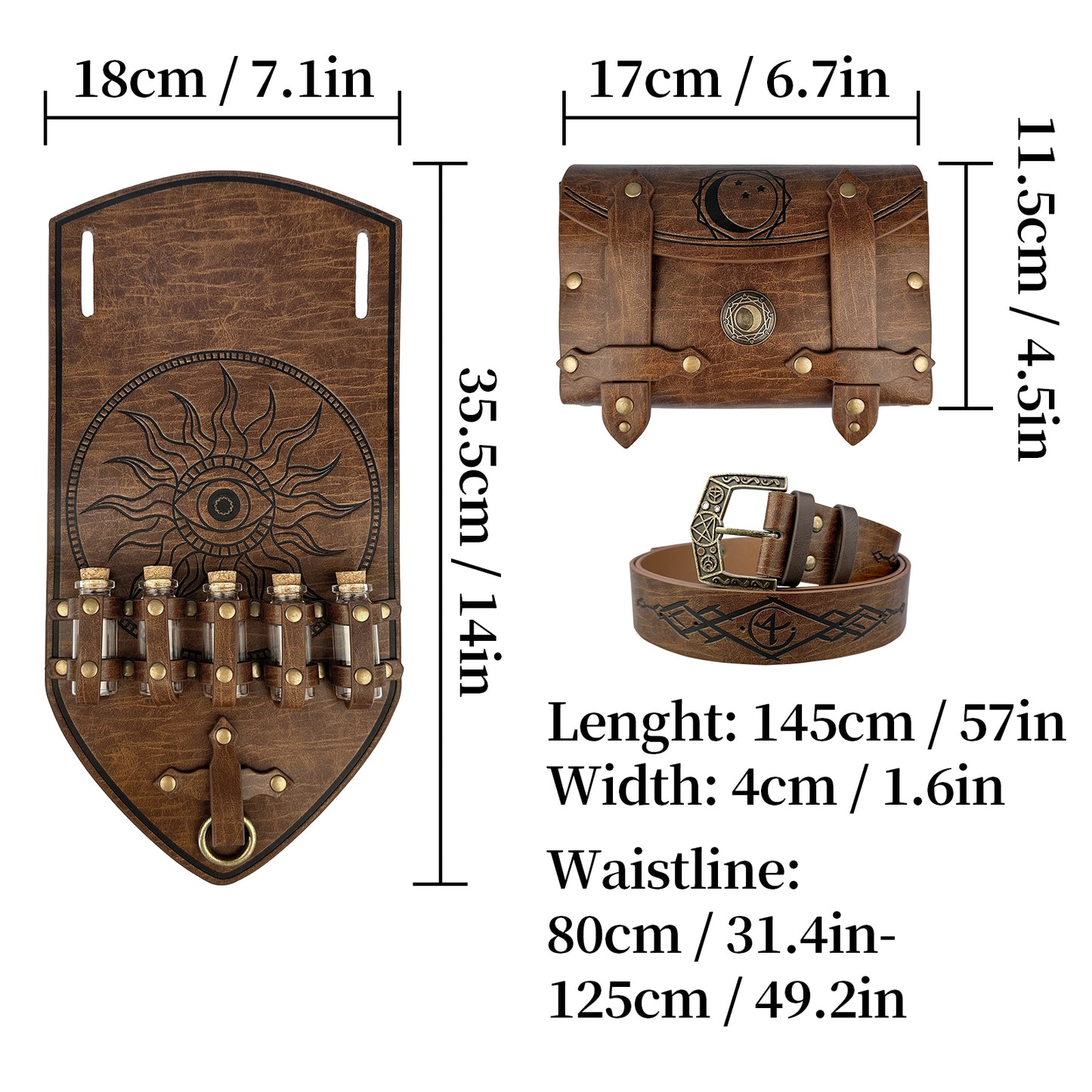 HiiFeuer 3PCs Medieval Alchemy Faux Leather Belt Bag Set with 5 Cork Potion Vials, Fantasy Embossed Wizard Belt