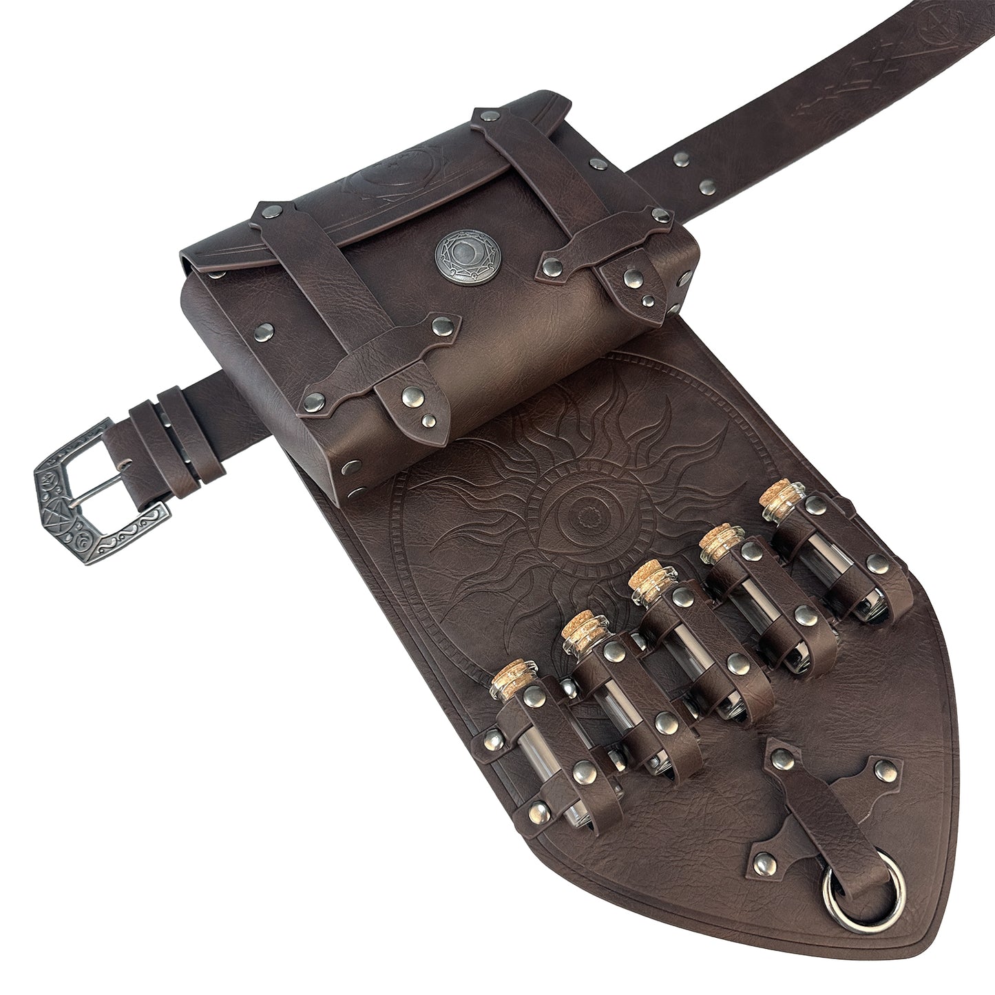 HiiFeuer 3PCs Medieval Alchemy Faux Leather Belt Bag Set with 5 Cork Potion Vials, Fantasy Embossed Wizard Belt