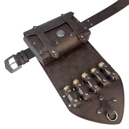 HiiFeuer 3PCs Medieval Alchemy Faux Leather Belt Bag Set with 5 Cork Potion Vials, Fantasy Embossed Wizard Belt