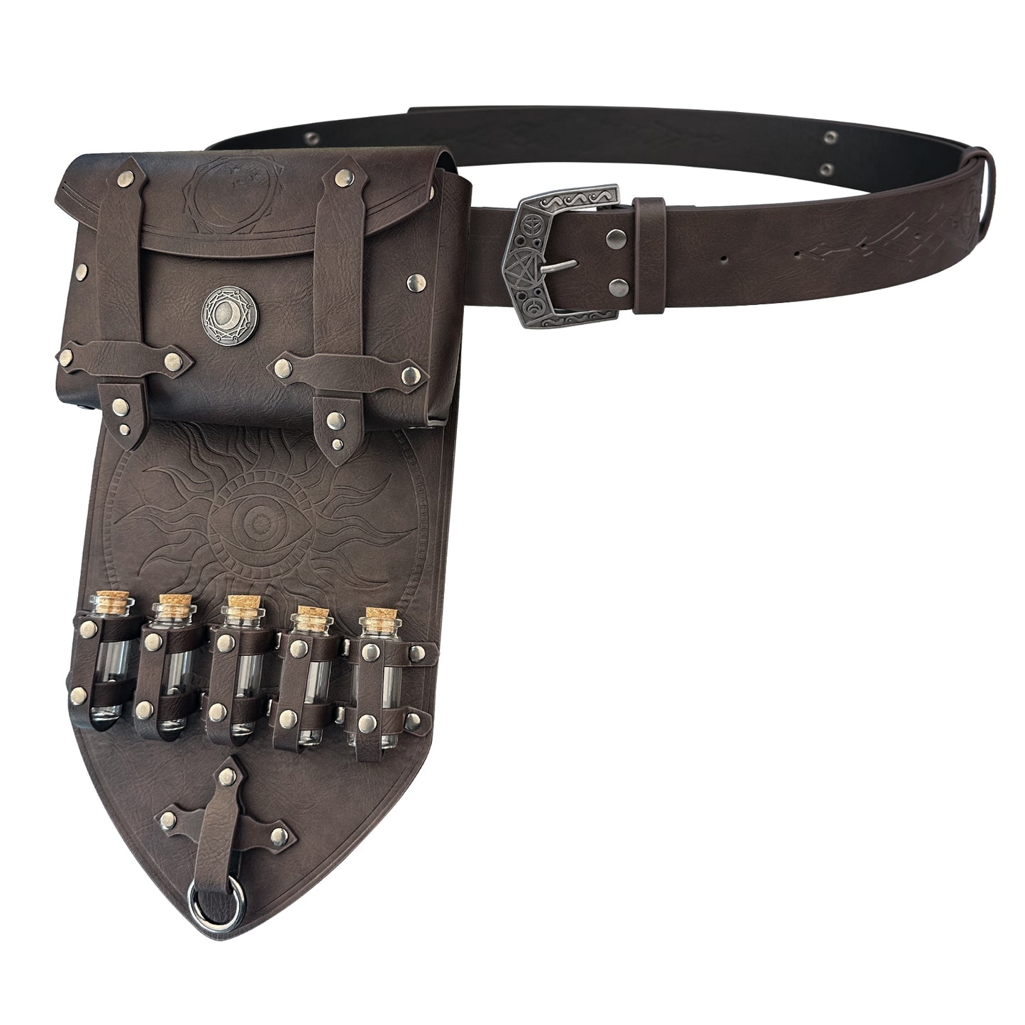HiiFeuer 3PCs Medieval Alchemy Faux Leather Belt Bag Set with 5 Cork Potion Vials, Fantasy Embossed Wizard Belt