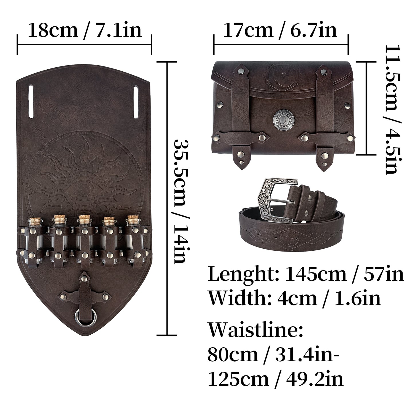 HiiFeuer 3PCs Medieval Alchemy Faux Leather Belt Bag Set with 5 Cork Potion Vials, Fantasy Embossed Wizard Belt