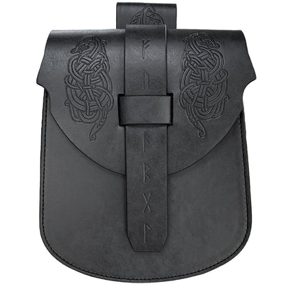 HiiFeuer Viking Embossed Langskip Belt Pouch, Medieval Faux Leather Flap Saddle Side Bag Purses, Retro Portable Belt Bag