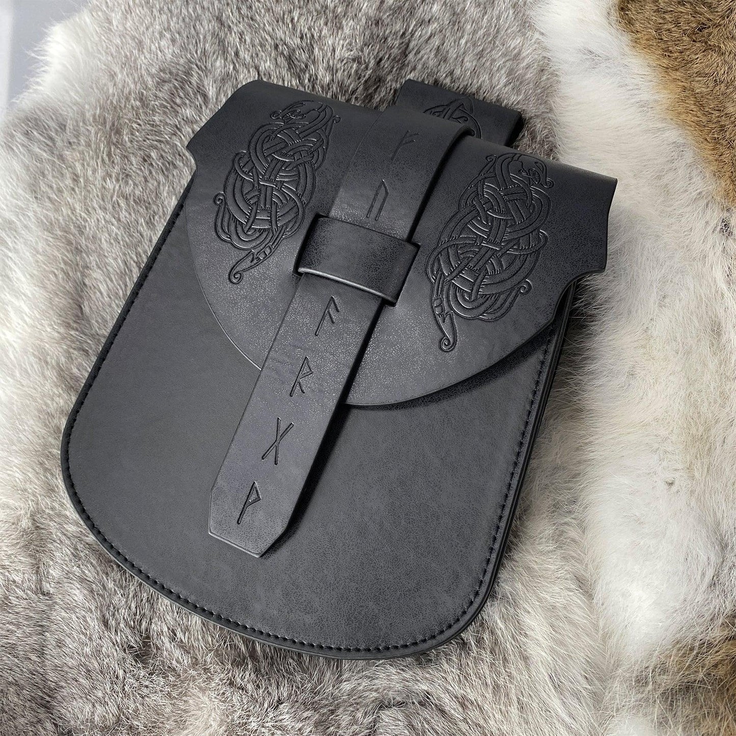 HiiFeuer Viking Embossed Langskip Belt Pouch, Medieval Faux Leather Flap Saddle Side Bag Purses, Retro Portable Belt Bag