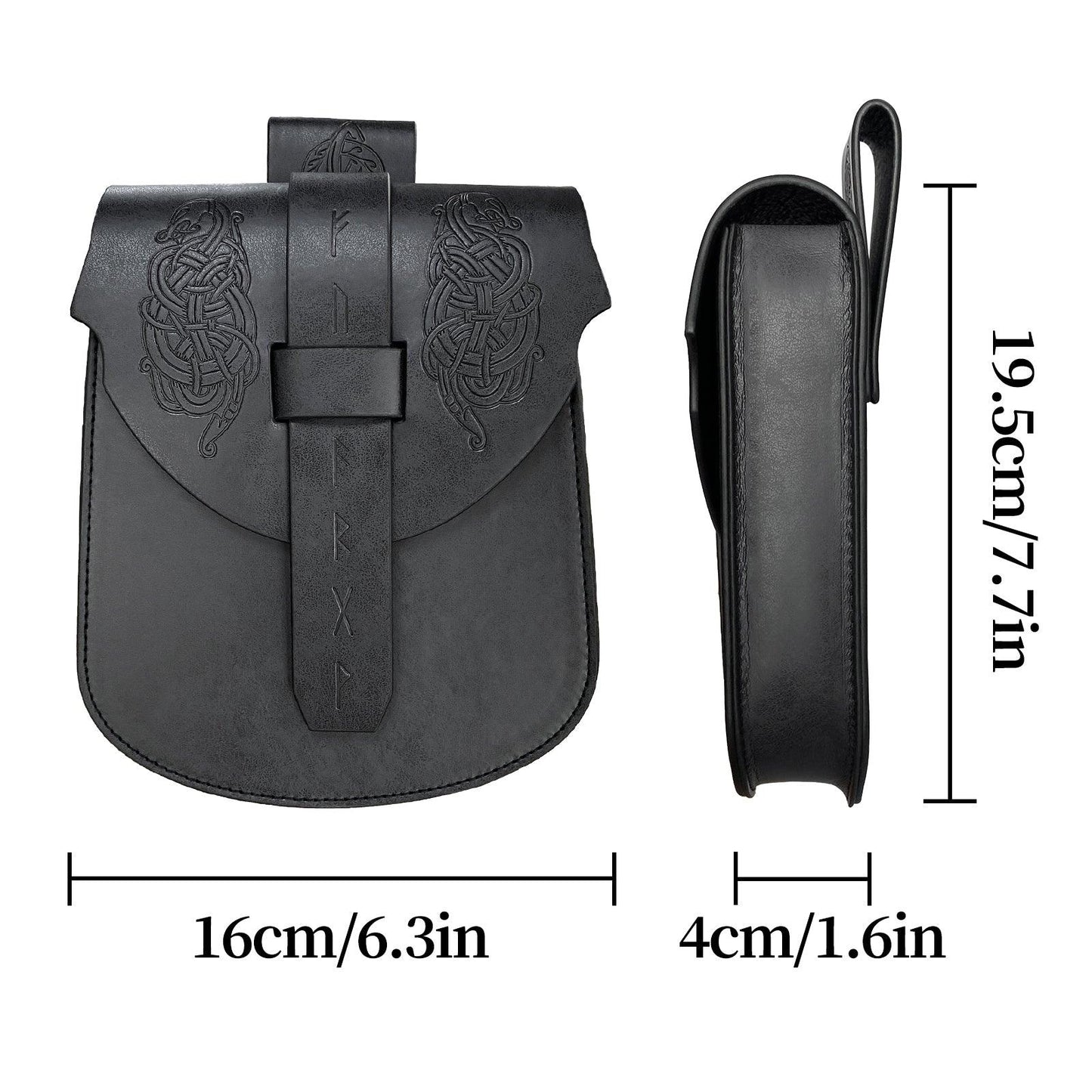 HiiFeuer Viking Embossed Langskip Belt Pouch, Medieval Faux Leather Flap Saddle Side Bag Purses, Retro Portable Belt Bag