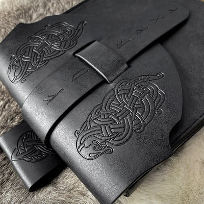 HiiFeuer Viking Embossed Langskip Belt Pouch, Medieval Faux Leather Flap Saddle Side Bag Purses, Retro Portable Belt Bag
