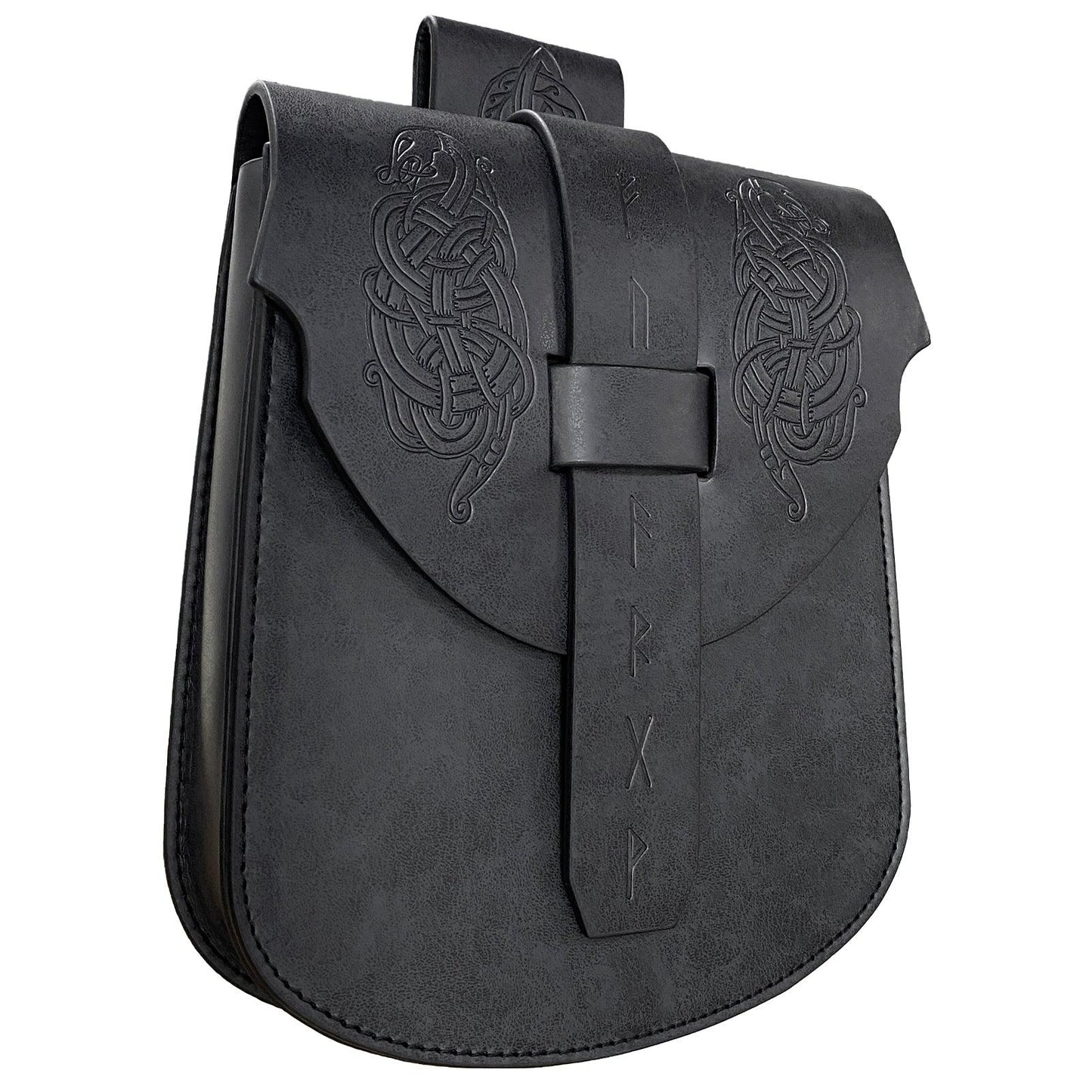 HiiFeuer Viking Embossed Langskip Belt Pouch, Medieval Faux Leather Flap Saddle Side Bag Purses, Retro Portable Belt Bag