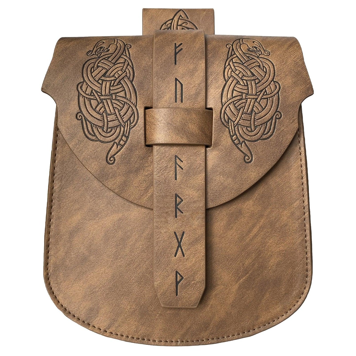 HiiFeuer Viking Embossed Langskip Belt Pouch, Medieval Faux Leather Flap Saddle Side Bag Purses, Retro Portable Belt Bag