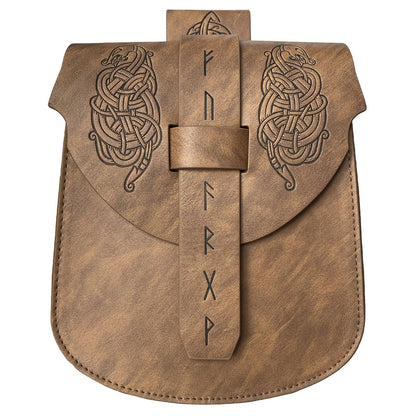 HiiFeuer Viking Embossed Langskip Belt Pouch, Medieval Faux Leather Flap Saddle Side Bag Purses, Retro Portable Belt Bag