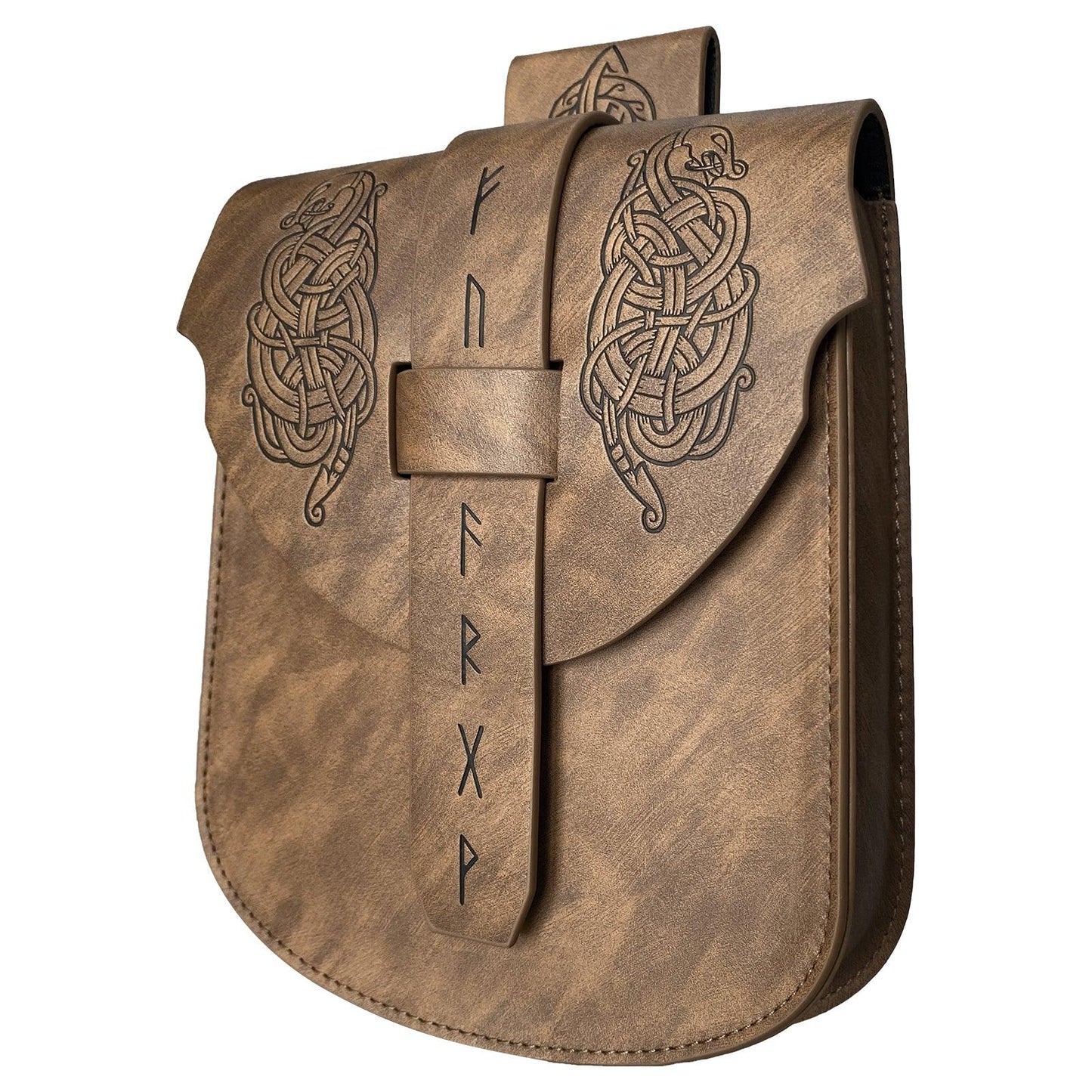 HiiFeuer Viking Embossed Langskip Belt Pouch, Medieval Faux Leather Flap Saddle Side Bag Purses, Retro Portable Belt Bag