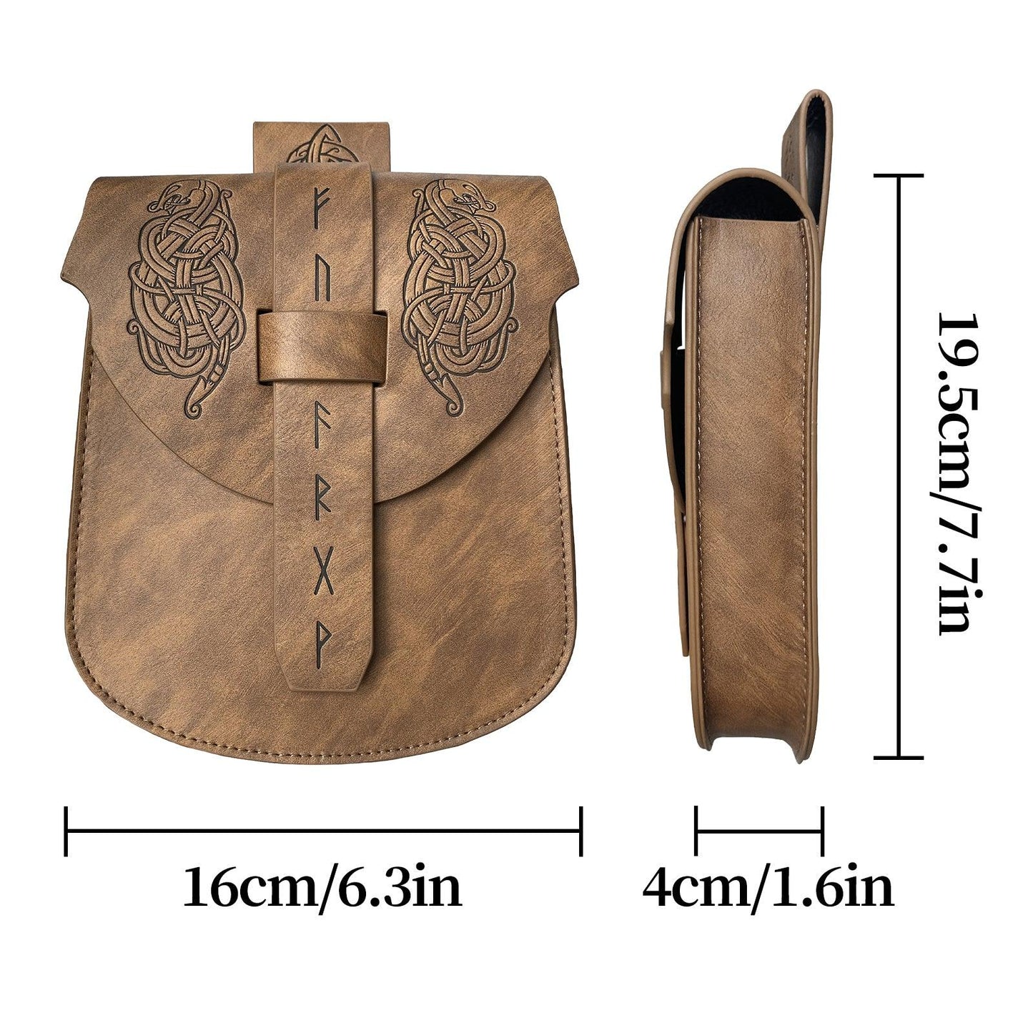 HiiFeuer Viking Embossed Langskip Belt Pouch, Medieval Faux Leather Flap Saddle Side Bag Purses, Retro Portable Belt Bag
