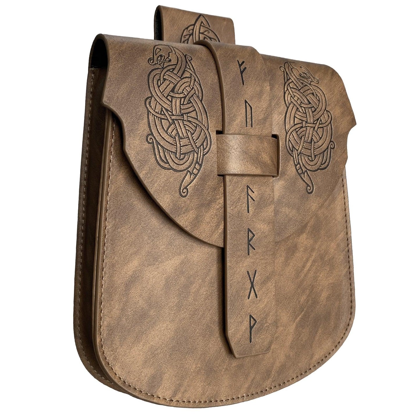 HiiFeuer Viking Embossed Langskip Belt Pouch, Medieval Faux Leather Flap Saddle Side Bag Purses, Retro Portable Belt Bag