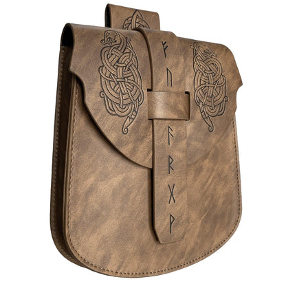 HiiFeuer Viking Embossed Langskip Belt Pouch, Medieval Faux Leather Flap Saddle Side Bag Purses, Retro Portable Belt Bag