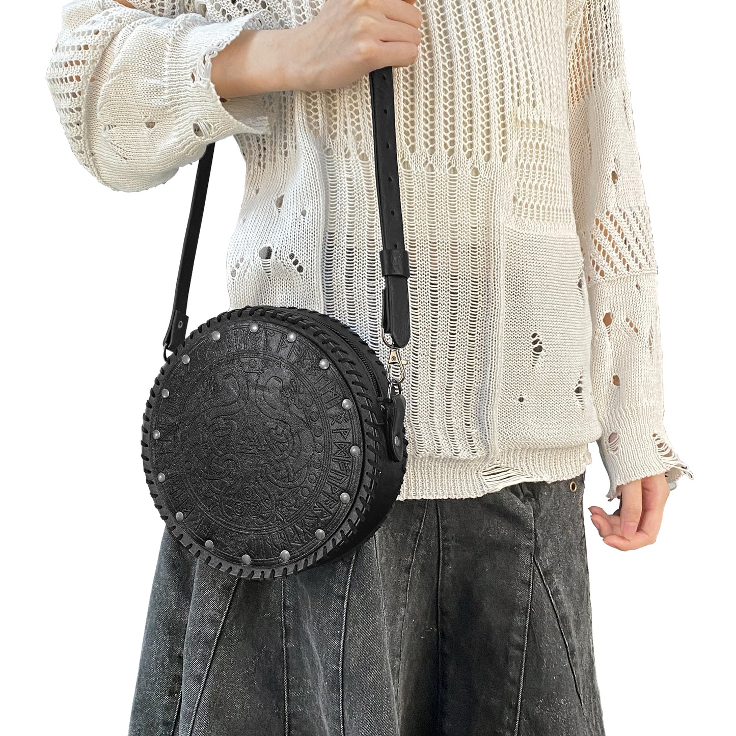 HiiFeuer Viking Embossed Crossbody Bag, Nordic Faux Leather Belt Bag Satchel Bag, Medieval Portable Cosplay Shoulder Bag