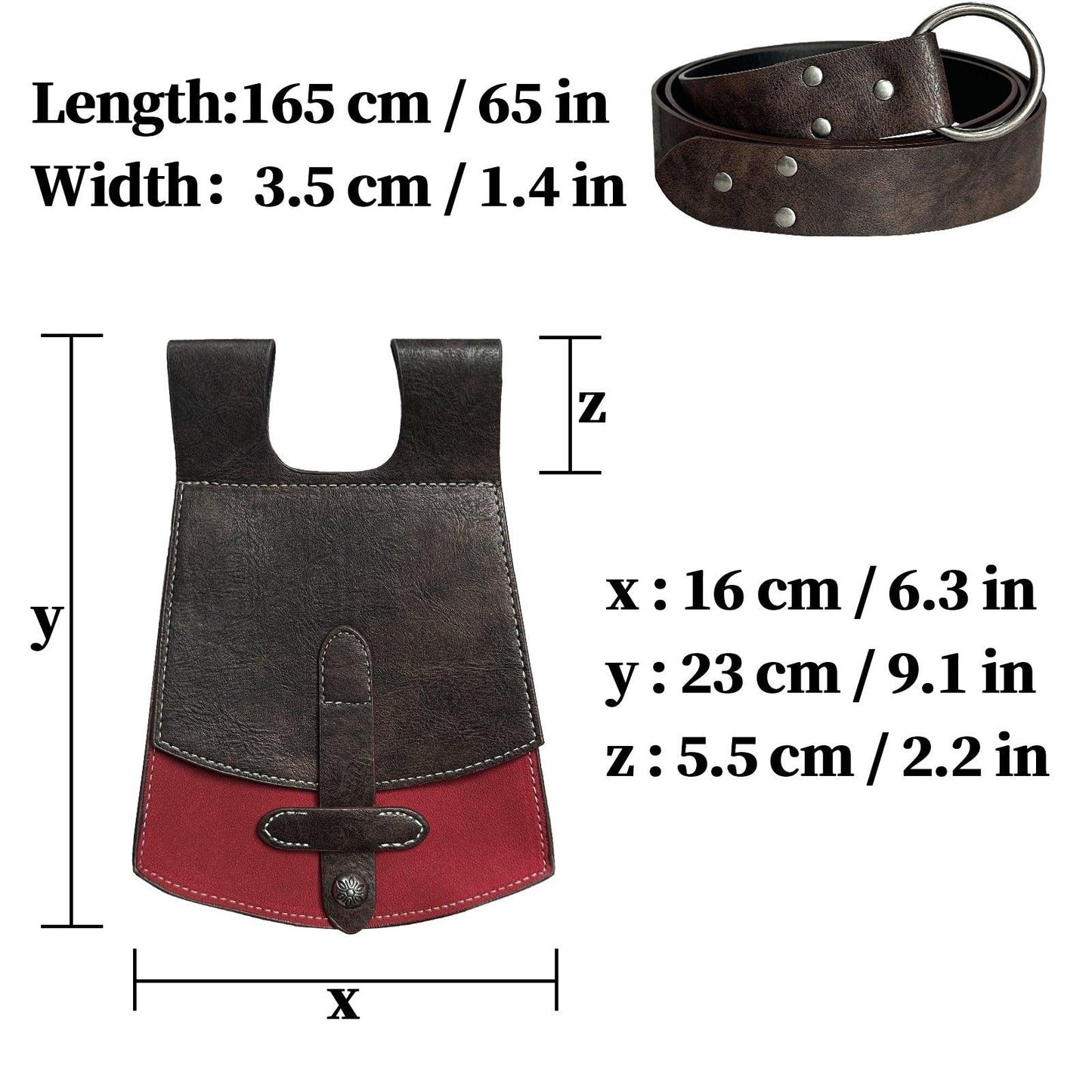 HiiFeuer 3PCs Medieval Faux Leather Belt with Vintage Handmade Belt Bag and Retro Knight Waist Bag, Renaissance Belt Pouch Set