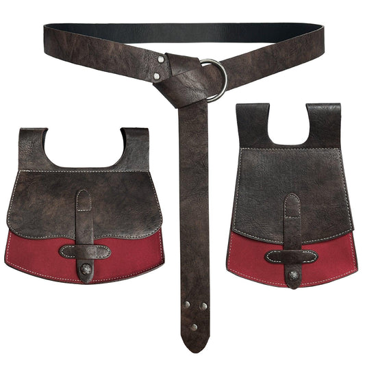 HiiFeuer 3PCs Medieval Faux Leather Belt with Vintage Handmade Belt Bag and Retro Knight Waist Bag, Renaissance Belt Pouch Set