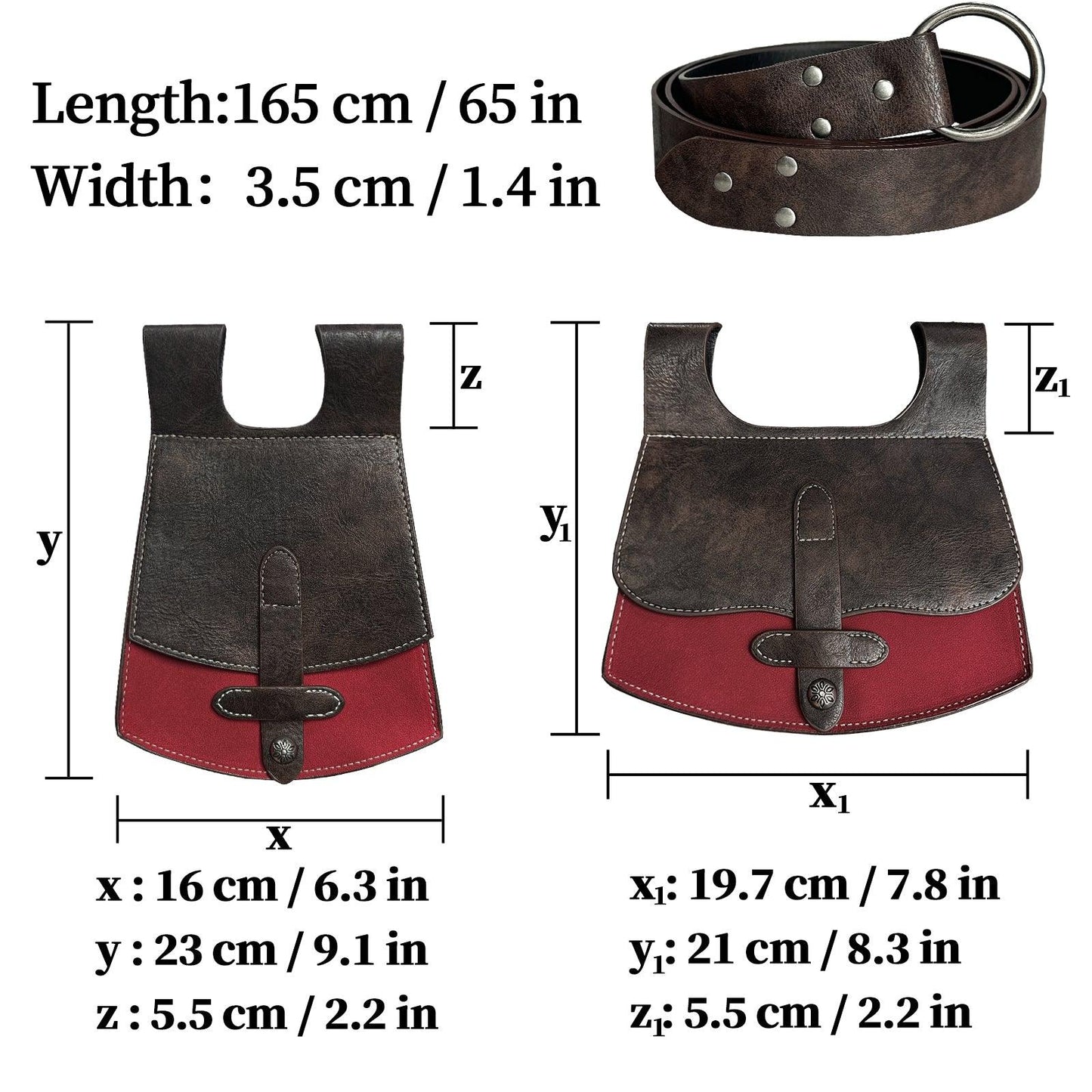 HiiFeuer 3PCs Medieval Faux Leather Belt with Vintage Handmade Belt Bag and Retro Knight Waist Bag, Renaissance Belt Pouch Set