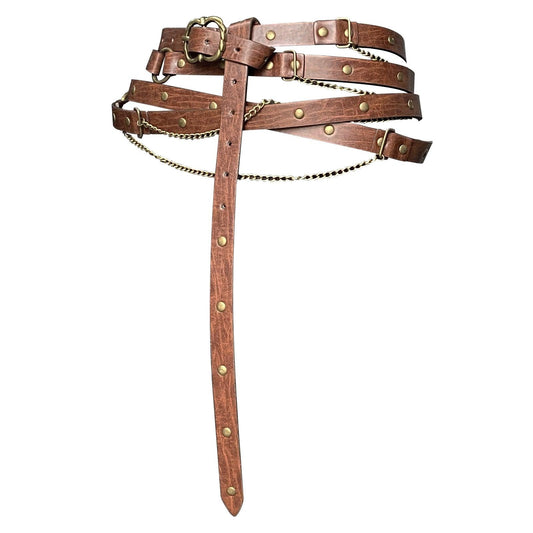 Medieval brown leather cosplay belt with brass studs and decorative chains