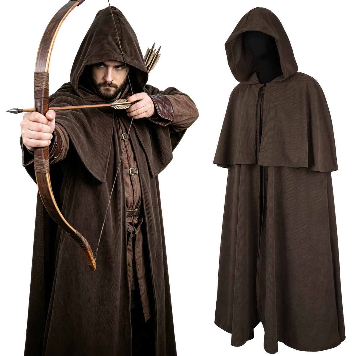HiiFeuer Medieval Corduroy Hooded Cloak with Adjustable Brooch