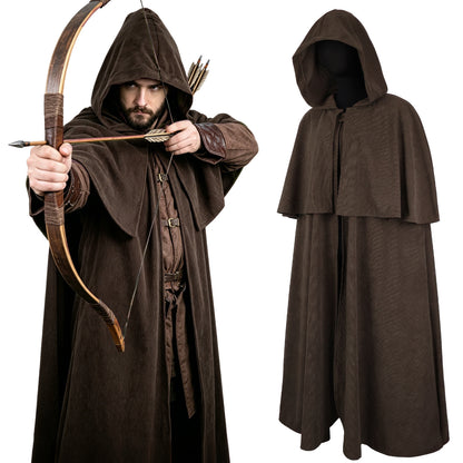 HiiFeuer Medieval Corduroy Hooded Cloak with Adjustable Brooch