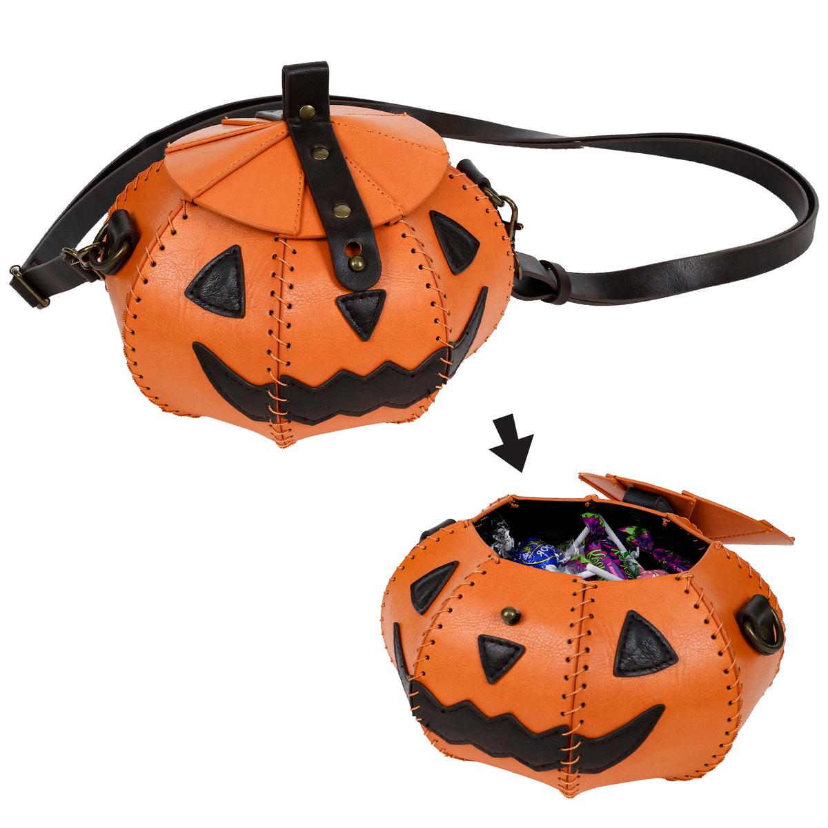 HiiFeuer Faux Leather Pumpkin Shaped Pouch with Woven Lanyard
