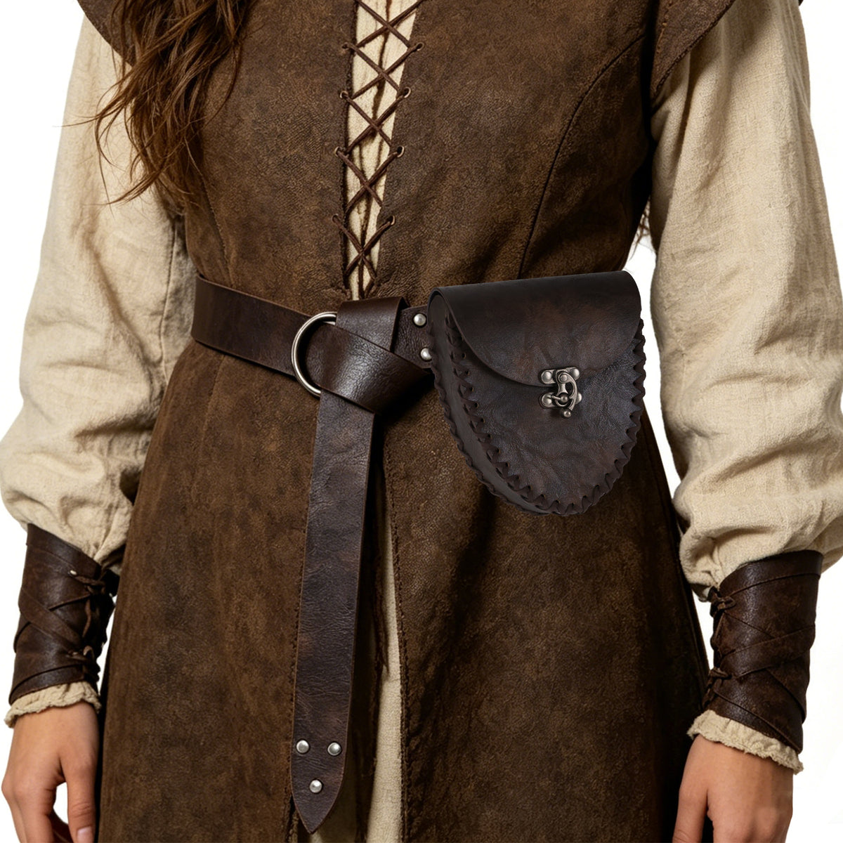 HiiFeuer Medieval Faux Leather Belt with Viking Waist Bag